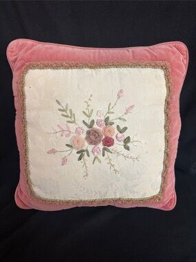 Vintage Velvet Rose Decorative Pillow - Soft Pink, Green, Cream Embroidery